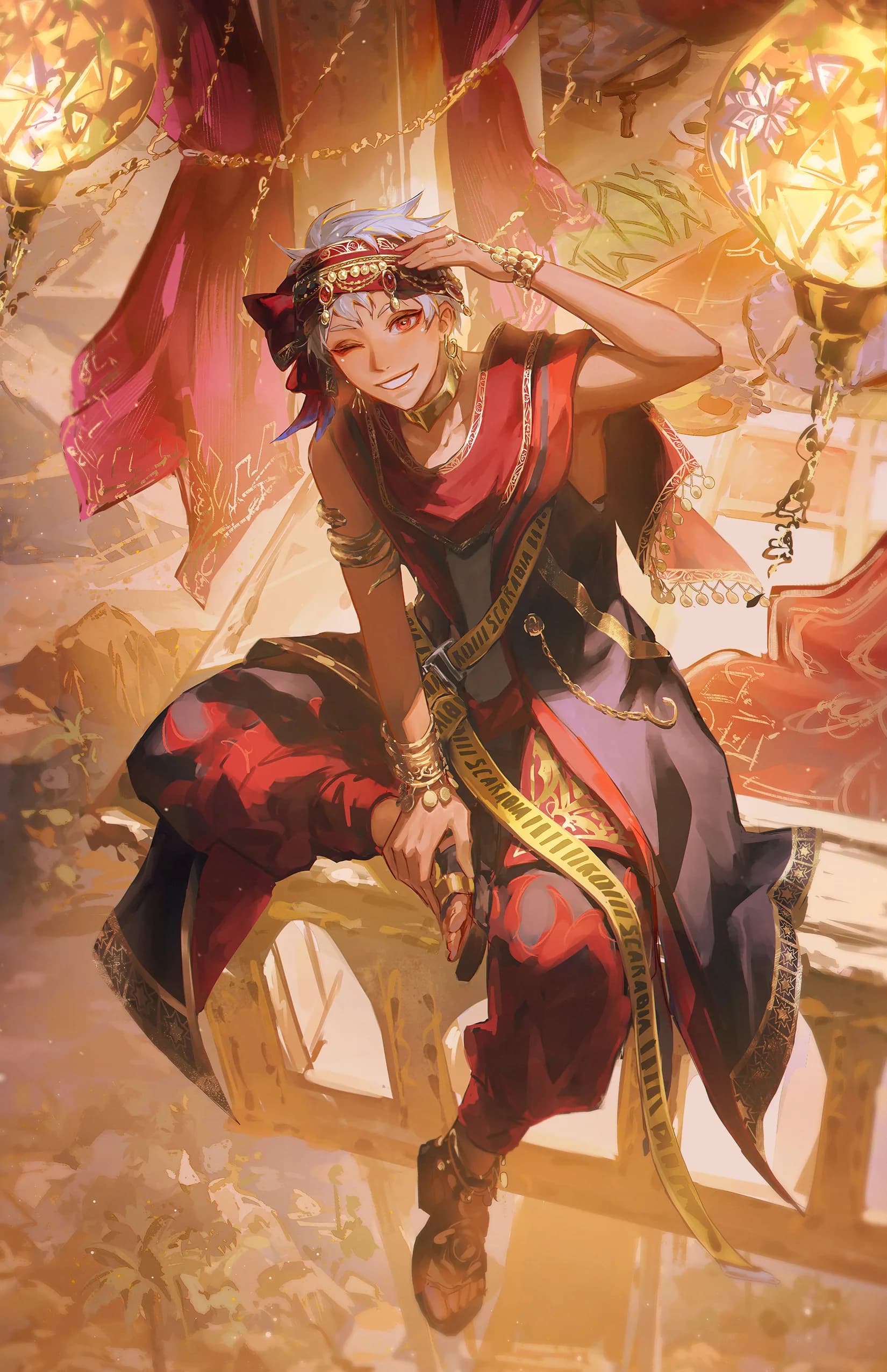 White haired character in red and gold festival clothes