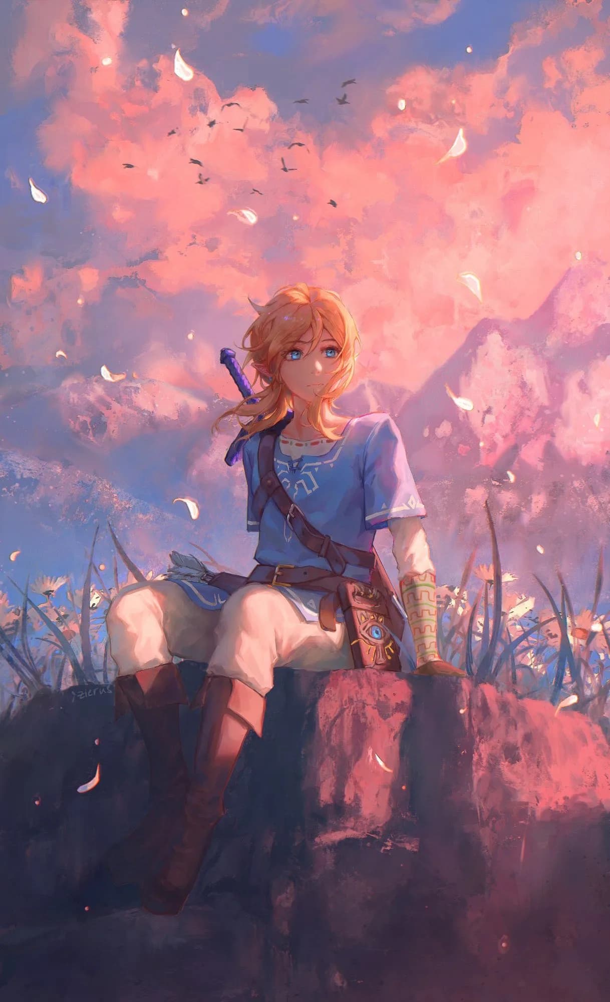 Link resting on a rock in a field of drifting pink petals