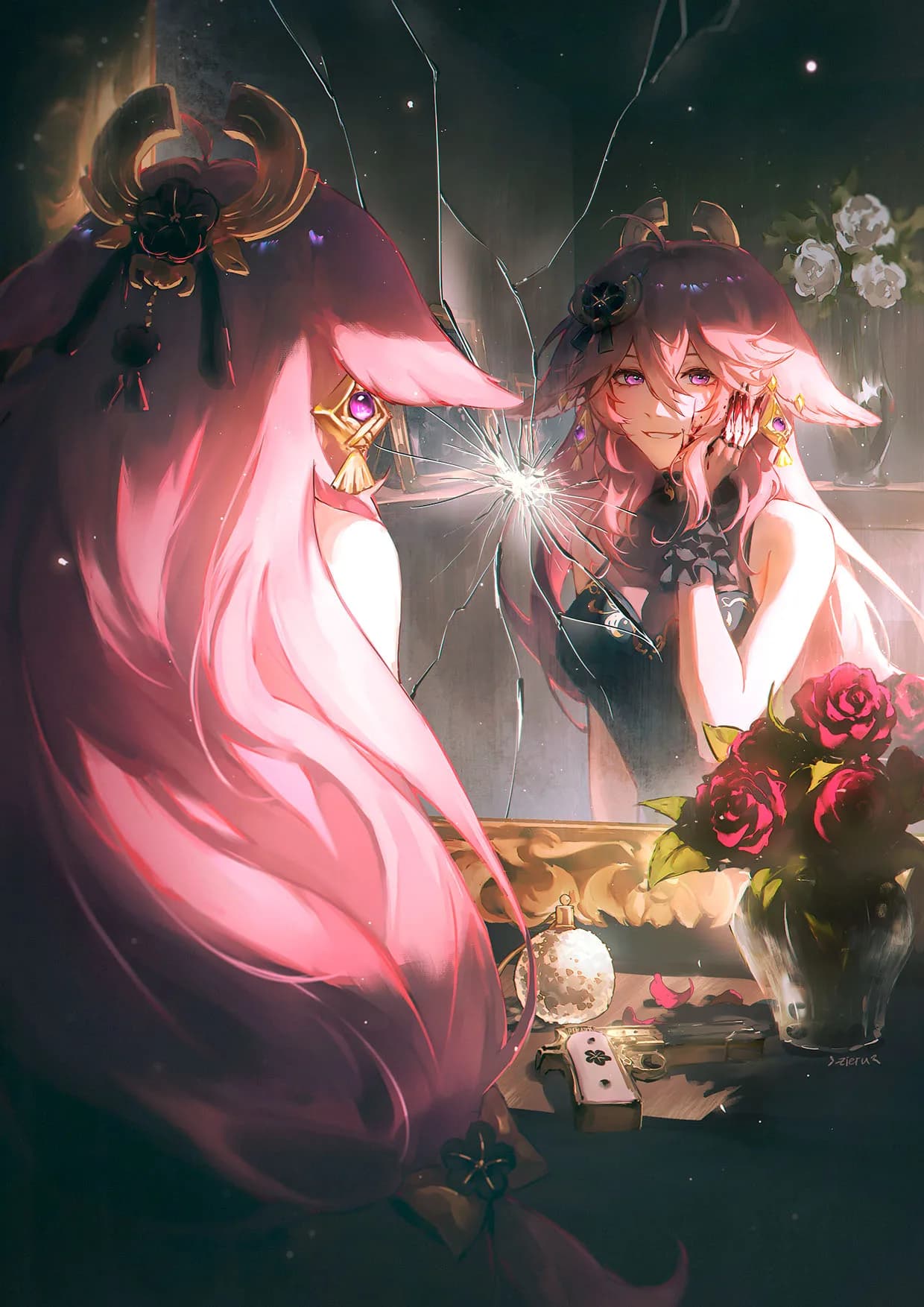 Pink haired shrine maiden beside glowing trinkets and roses